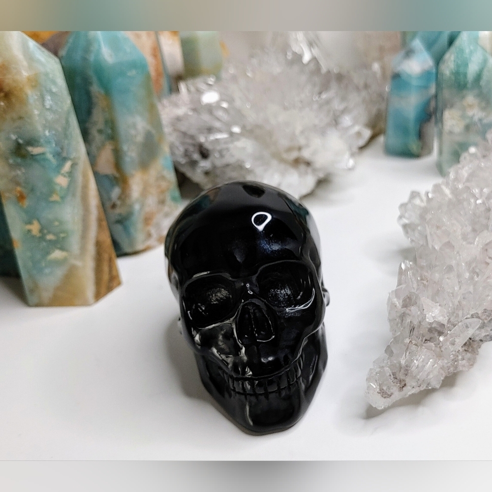 Gold Sheen Black Obsidian Crystal Skull Carving - Picture 7 of 12